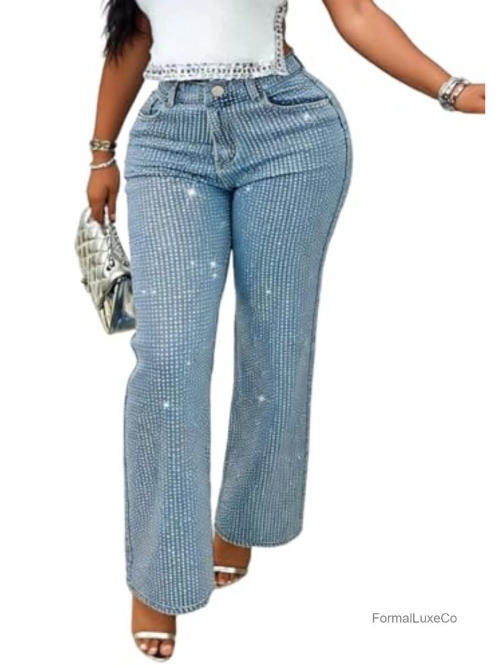High Waisted Straight Leg Rhinestone Glitter Jeans Sparkly Y2K Bling Denim